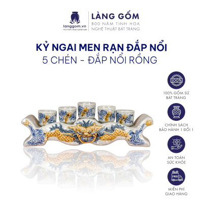Kỷ ngai, kỷ cong, bộ ly nước thờ cúng Men rạn đắp nổi Rồng, Sen tinh xảo, bộ 3 hoặc 5 chén
