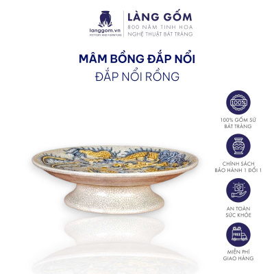 Mâm Bồng men rạn đắp nổi họa tiết Sen, Rồng, Long Phụng