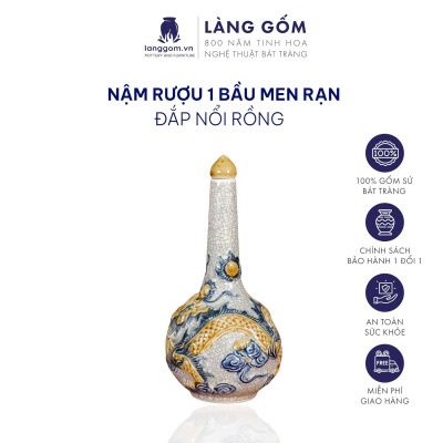 Nậm Rượu 1 Bầu Men Rạn Đắp Nổi Họa Tiết Sen, Rồng