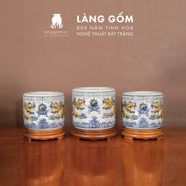 Bát hương, bát nhang, lư hương men rạn đắp nổi họa tiết hoa sen (CÓ CHÂN ĐẾ)