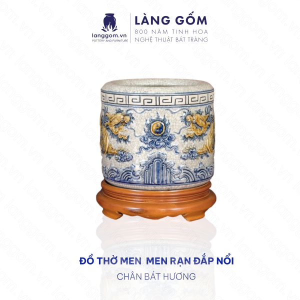 Bát hương, bát nhang, lư hương men rạn đắp nổi họa tiết RỒNG CUỘN SEN (CÓ CHÂN ĐẾ)
