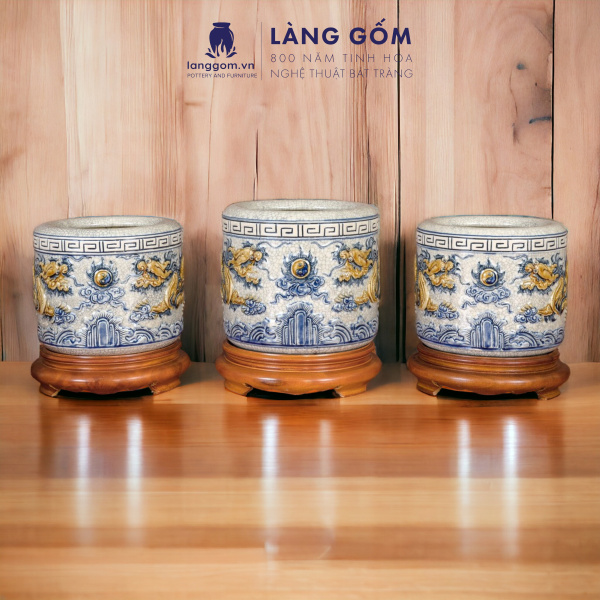 Bát hương, bát nhang, lư hương men rạn đắp nổi họa tiết hoa sen (CÓ CHÂN ĐẾ)