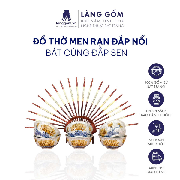 Bát cơm cúng, chén cúng cơm, bộ bát đĩa thắp hương men rạn đắp nổi Sen, Rồng tinh xảo