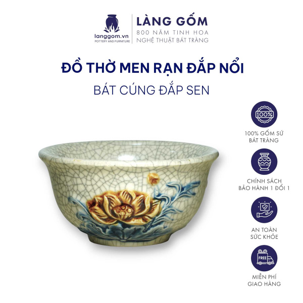 Bát cơm cúng, chén cúng cơm, bộ bát đĩa thắp hương men rạn đắp nổi Sen, Rồng tinh xảo