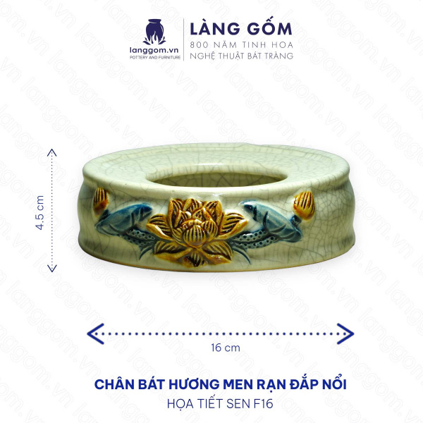 Bát hương, bát nhang, lư hương men rạn đắp nổi họa tiết hoa sen (CÓ CHÂN ĐẾ)