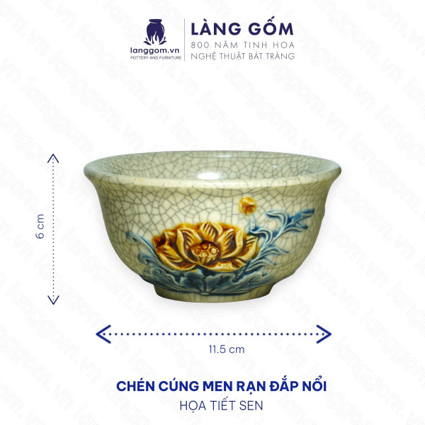 Bát cơm cúng, chén cúng cơm, bộ bát đĩa thắp hương men rạn đắp nổi Sen, Rồng tinh xảo