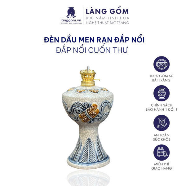 Đèn thờ cúng, đèn dầu men rạn đắp nổi