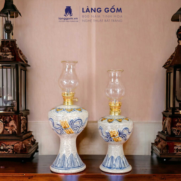 Đèn thờ cúng, đèn dầu men rạn đắp nổi