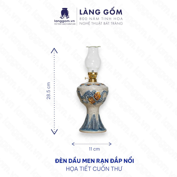 Đèn thờ cúng, đèn dầu men rạn đắp nổi