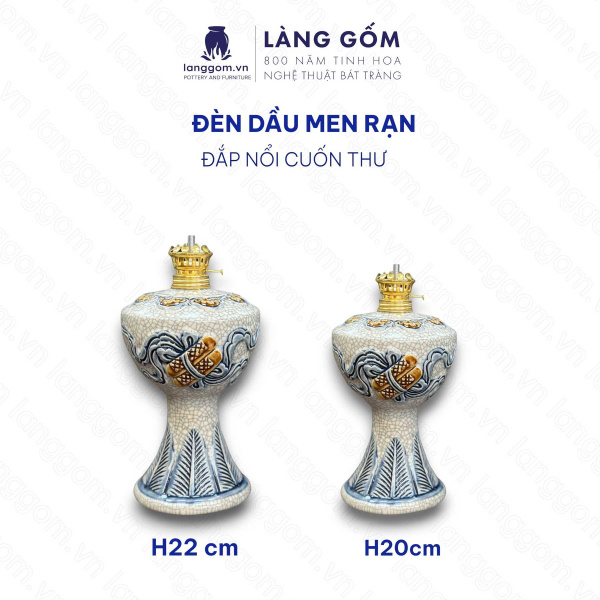Đèn thờ cúng, đèn dầu men rạn đắp nổi