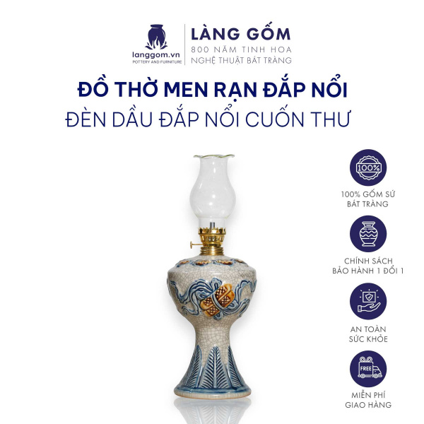 Đèn thờ cúng, đèn dầu men rạn đắp nổi