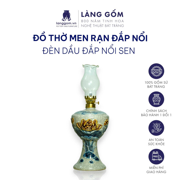 Đèn thờ cúng, đèn dầu men rạn đắp nổi