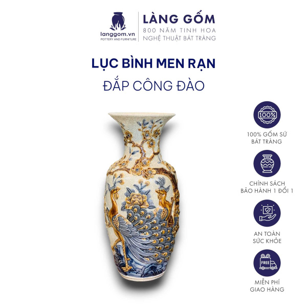 Lục bình phong thủy men rạn cổ đắp nổi tinh xảo cao 1m2, 1m4, 1m6