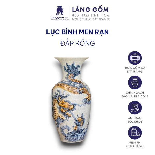 Lục bình phong thủy men rạn cổ đắp nổi tinh xảo cao 1m2, 1m4, 1m6