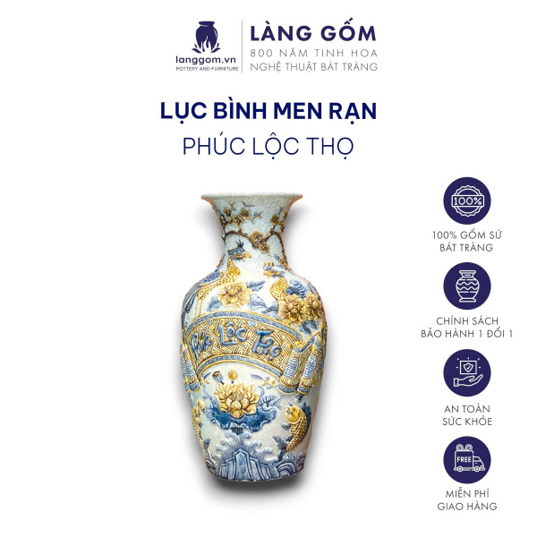 Lục bình phong thủy men rạn cổ đắp nổi tinh xảo cao 1m2, 1m4, 1m6