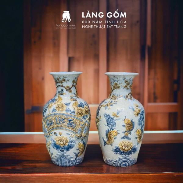 Lục bình phong thủy men rạn cổ đắp nổi tinh xảo cao 1m2, 1m4, 1m6