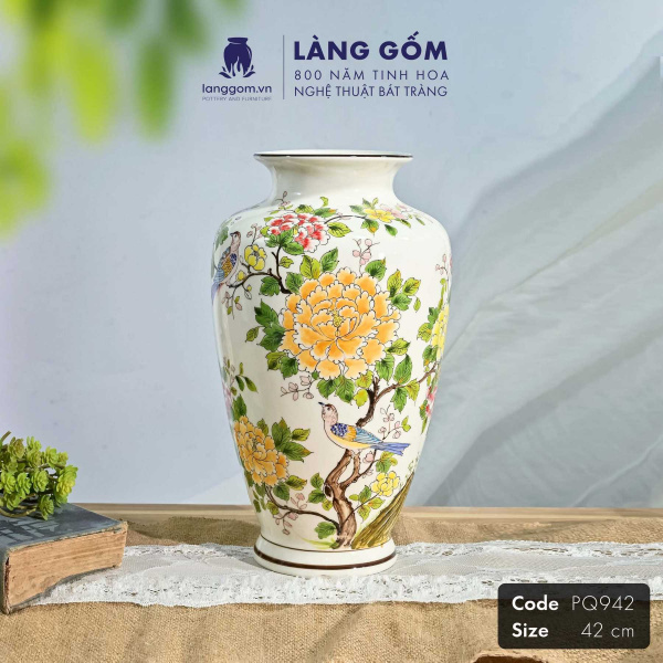 Lọ hoa vẽ tay men màu họa tiết hoa phú quý